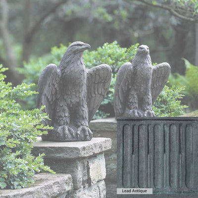 Lead Antique Patina for the Campania International Eagle Looking Left and Right Statue, deep blues and greens blended with grays for an old-world garden.
