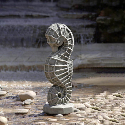 Campania International Seahorse Statue stained in the Greystone  patina, the ideal color for this garden statue.