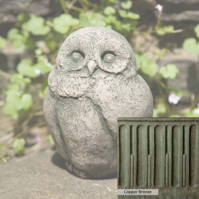 Copper Bronze Patina for the Campania International Baby Barn Owl Statue, blues and greens blended into the look of aged copper.