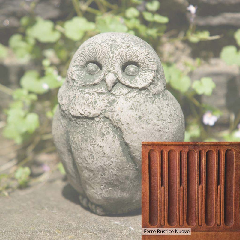 Ferro Rustico Nuovo Patina for the Campania International Baby Barn Owl Statue, red and orange blended in this striking color for the garden.