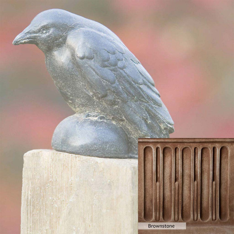 Brownstone Patina for the Campania International Small Raven Statue, brown blended with hints of red and yellow, works well in the garden.