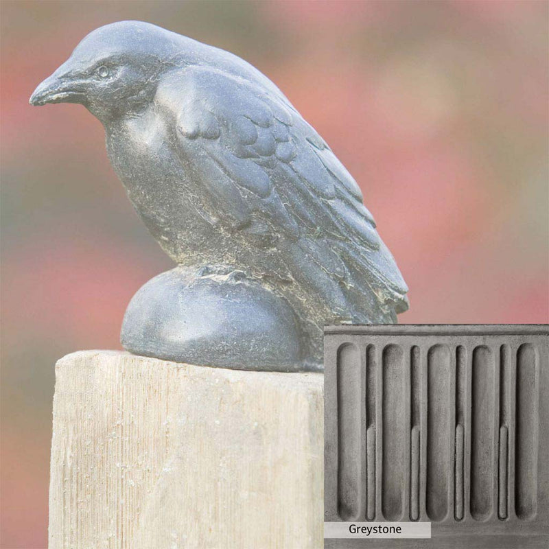 Greystone Patina for the Campania International Small Raven Statue , a classic gray, soft, and muted, blends nicely in the garden.