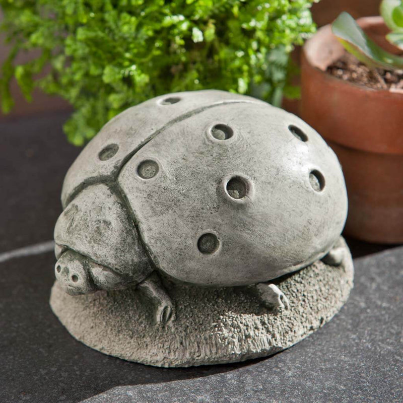 Campania International Ladybug Statue, set in the garden to add charm and character. The statue is shown in the Alpine Stone Patina.
