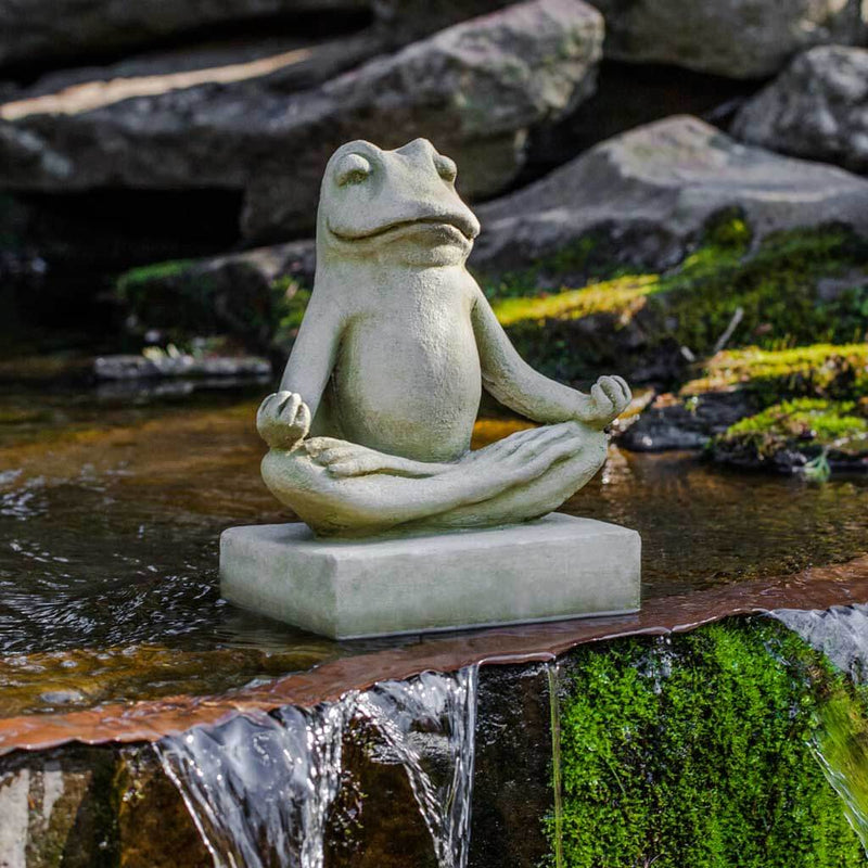 Campania International Mini Zen Frog Statue stained in the English Moss patina, the ideal color for this garden statue.