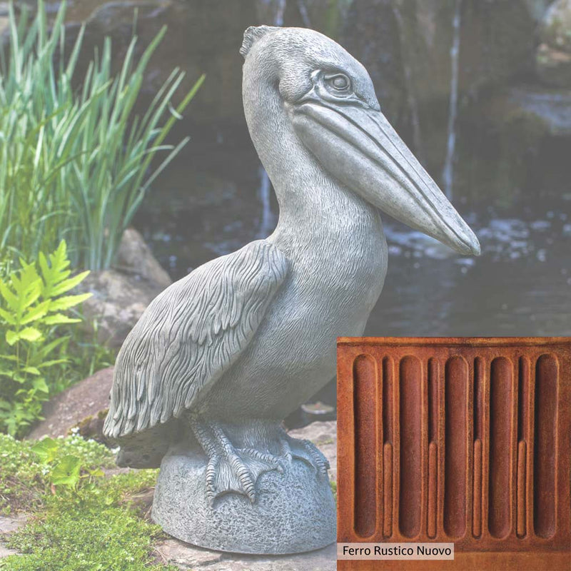 Ferro Rustico Nuovo Patina for the Campania International Pelican Statue, red and orange blended in this striking color for the garden.