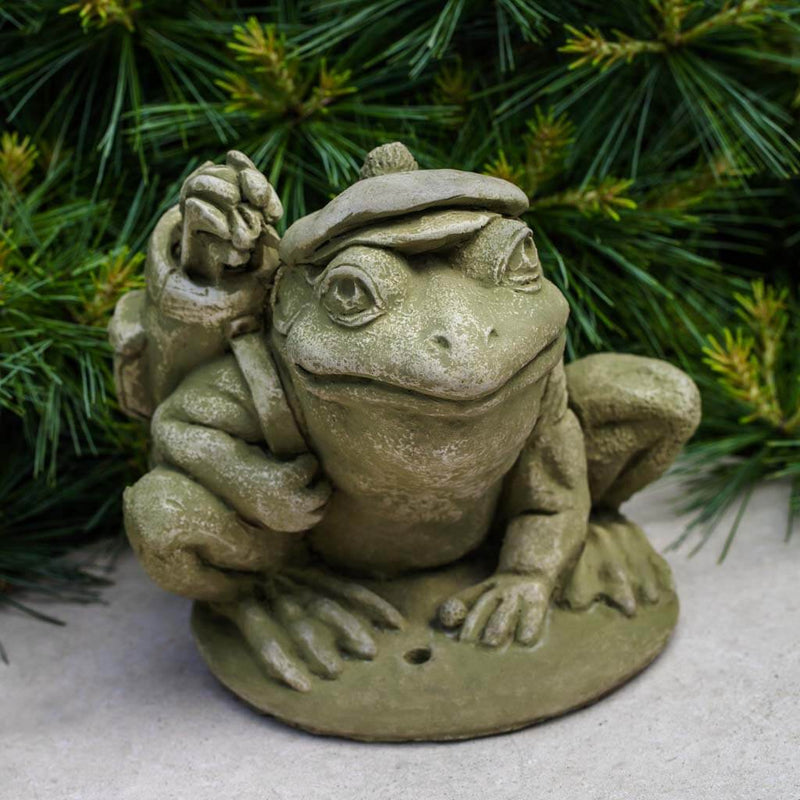 Campania International Golfer Frog Statue stained in the English Moss patina, the ideal color for this garden statue.