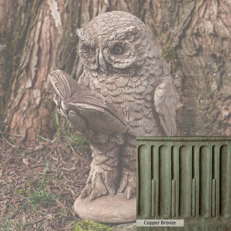 Copper Bronze Patina for the Campania International Scholarly Owl Statue, blues and greens blended into the look of aged copper.