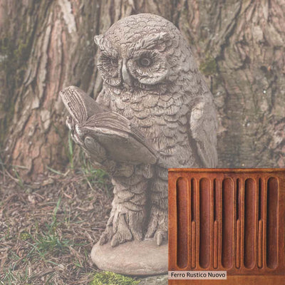 Ferro Rustico Nuovo Patina for the Campania International Scholarly Owl Statue, red and orange blended in this striking color for the garden.