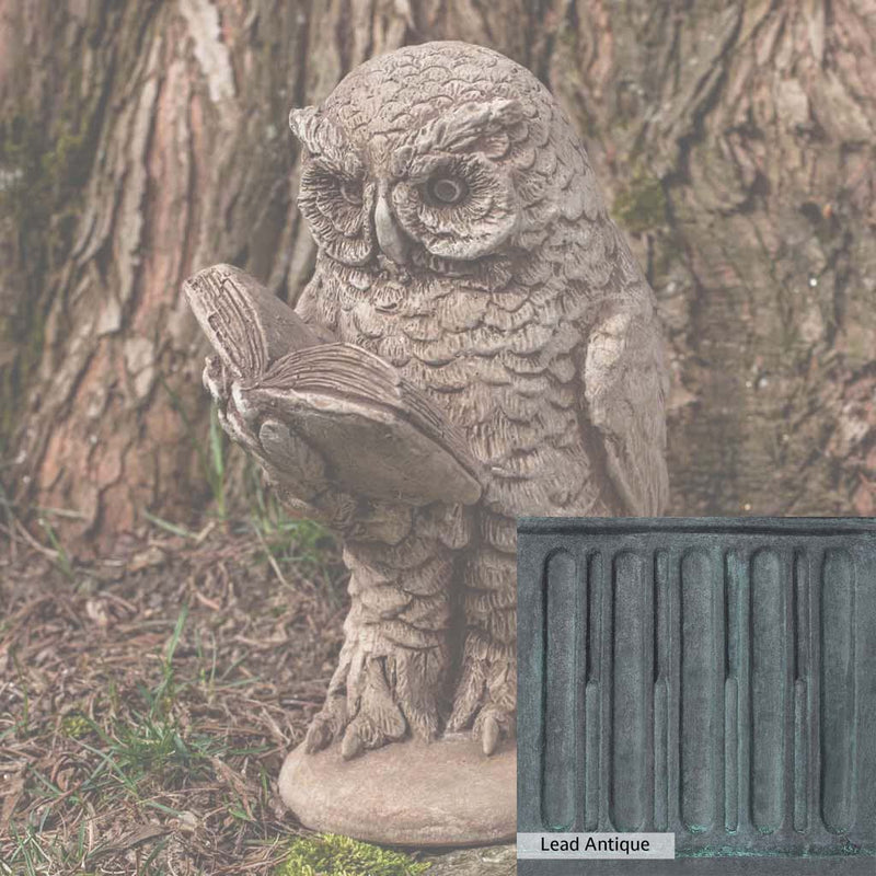The Lead Antique Patina for the Campania International Scholarly Owl Statue, aged blue and grey layered to give the look of a classic antique lead patina.