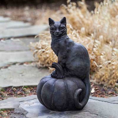 Campania International Cat on Pumpkin Statue, set in the garden to add charm and character. The statue is shown in the Nero Nuovo Patina.