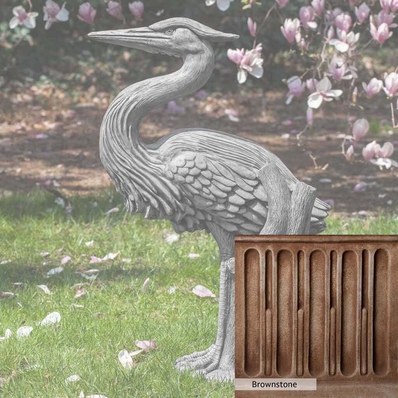 Brownstone Patina for the Campania International Heron Statue, brown blended with hints of red and yellow, works well in the garden.