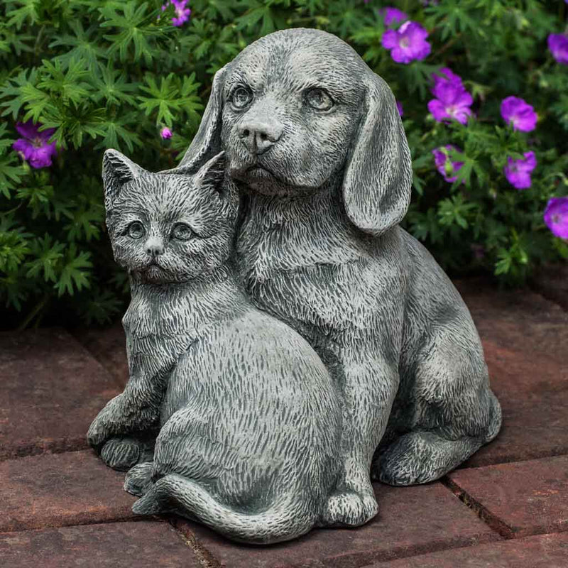 Campania International Fur-Ever Friends Statue stained in the Alpine Stone  patina, the ideal color for this garden statue.