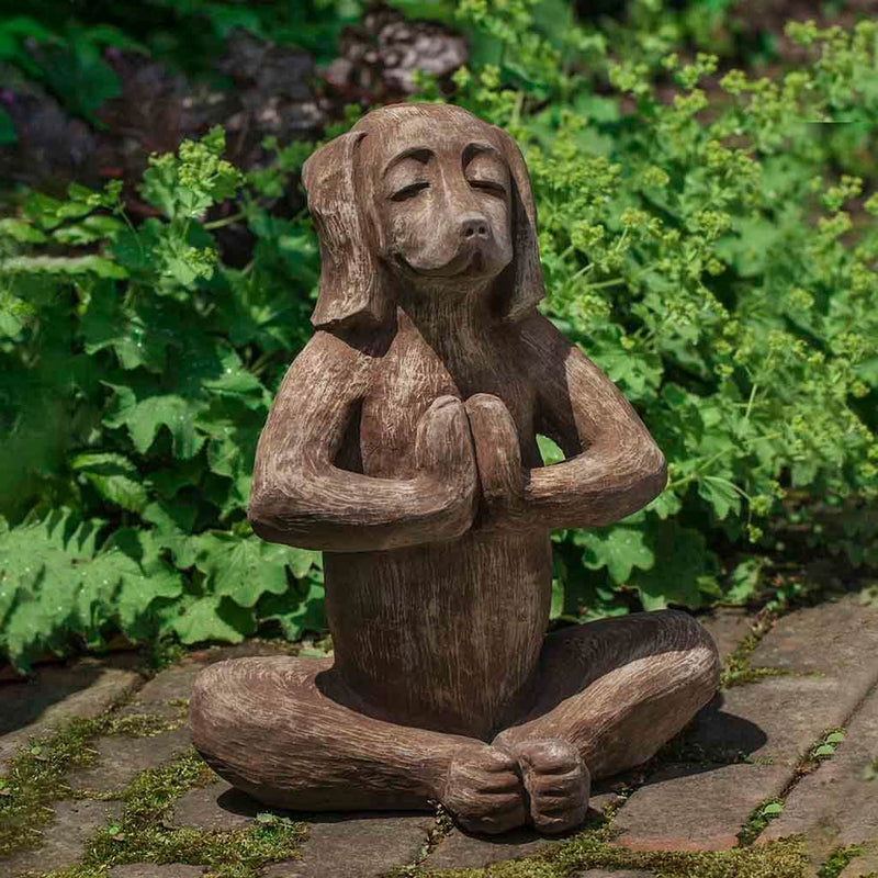 Campania International Yoga Dog Statue stained in the Brownstone  patina, the ideal color for this garden statue.