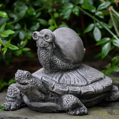 Campania International Snail Express Statue stained in the Alpine Stone  patina, the ideal color for this garden statue.