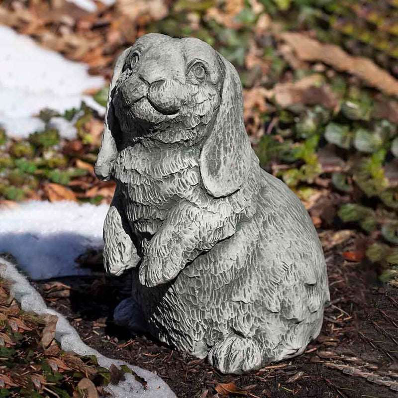 Campania International Lop-Eared Standing Bunny Statue stained in the Alpine Stone  patina, the ideal color for this garden statue.