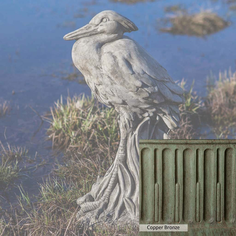 Copper Bronze Patina for the Campania International Egret Statue, blues and greens blended into the look of aged copper.