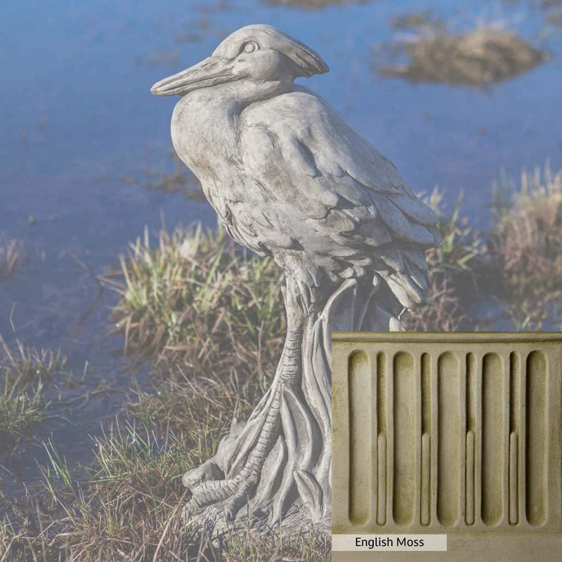English Moss Patina for the Campania International Egret Statue, green blended into a soft pallet with a light undertone of gray.
