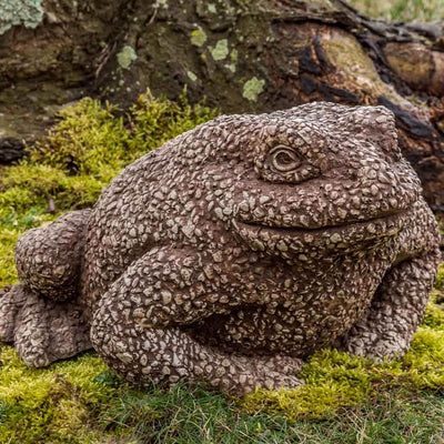 Campania International Forest Toad Statue, set in the garden to add charm and character. The statue is shown in the Brownstone Patina.
