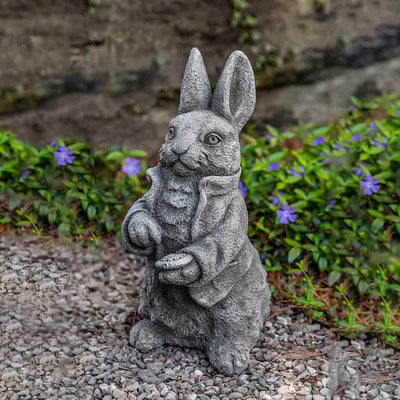Campania International Rabbit Esq. Statue stained in the Alpine Stone  patina, the ideal color for this garden statue.