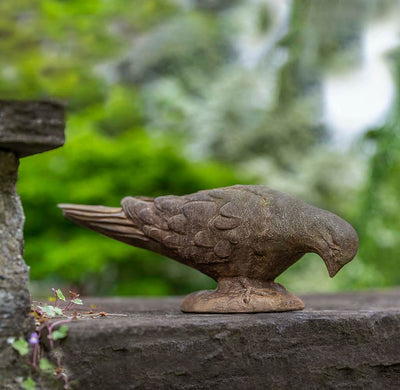 Campania International French Dove Statue, set in the garden to add charm and character. The statue is shown in the Aged Limestone Patina.