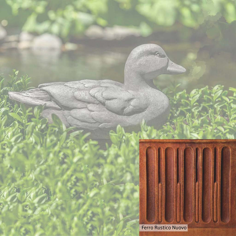 Ferro Rustico Nuovo Patina for the Campania International Decoy Duck Statue, red and orange blended in this striking color for the garden.