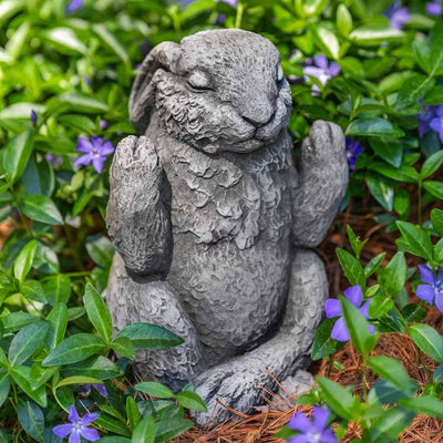 Campania International Meditation Bunny Statue stained in the Greystone patina, the ideal color for this garden statue.