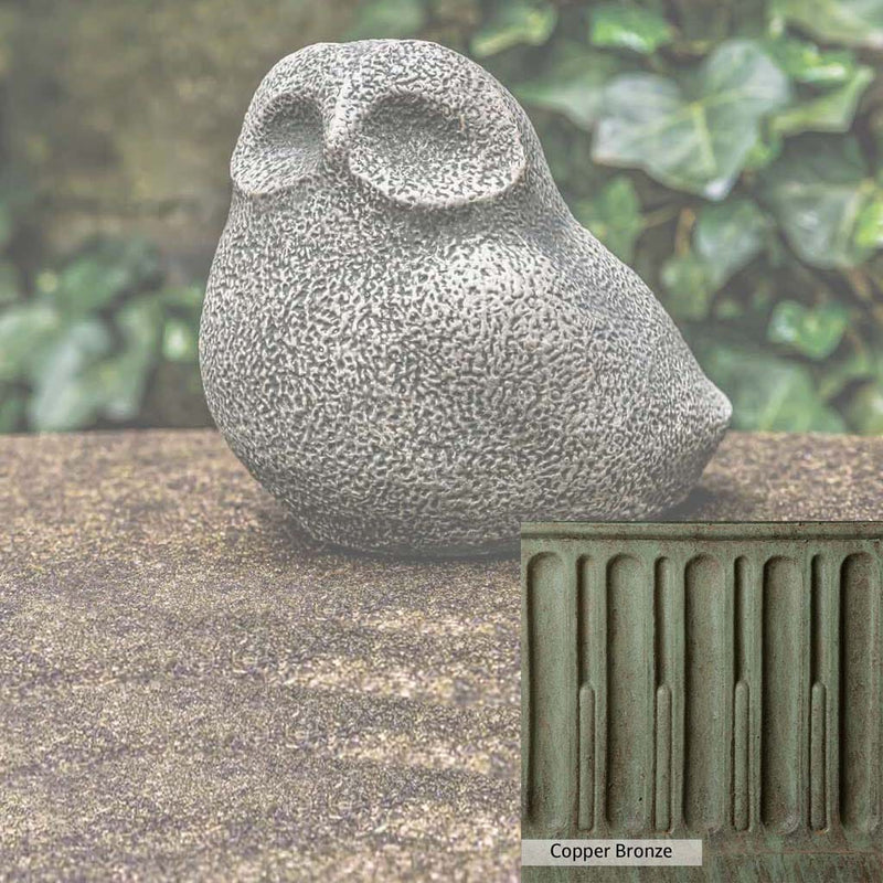 Copper Bronze Patina for the Campania International Stone Owl Statue, blues and greens blended into the look of aged copper.