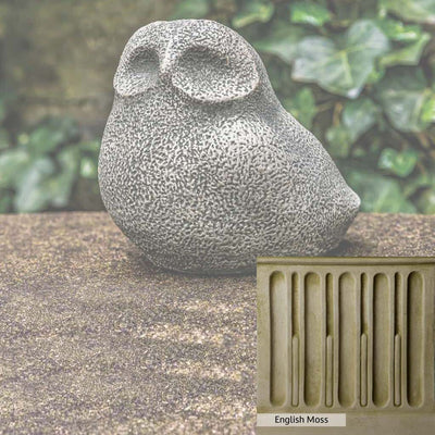 English Moss Patina for the Campania International Stone Owl Statue, green blended into a soft pallet with a light undertone of gray.