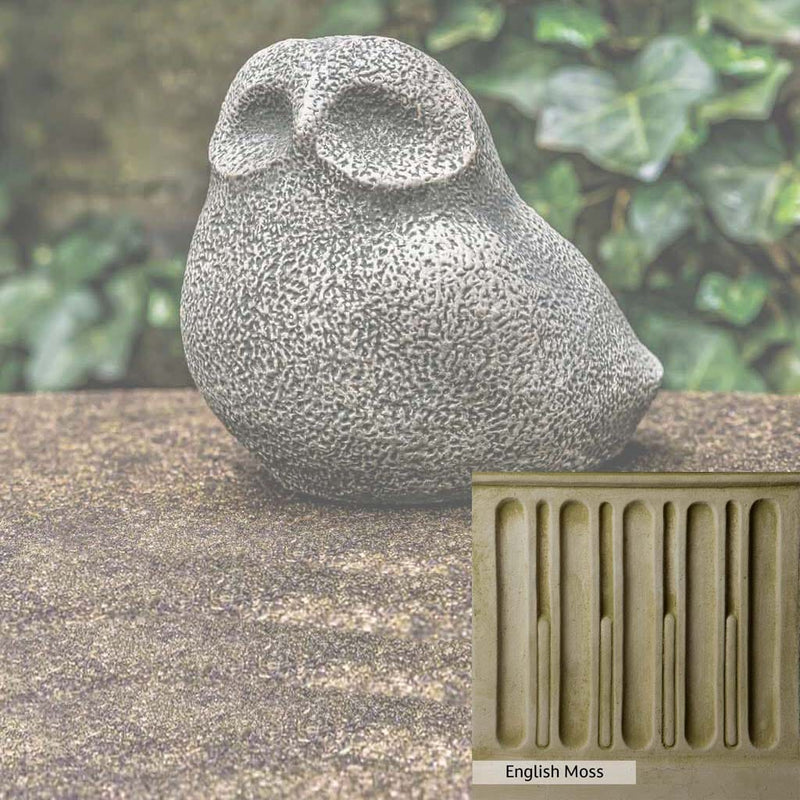 English Moss Patina for the Campania International Stone Owl Statue, green blended into a soft pallet with a light undertone of gray.