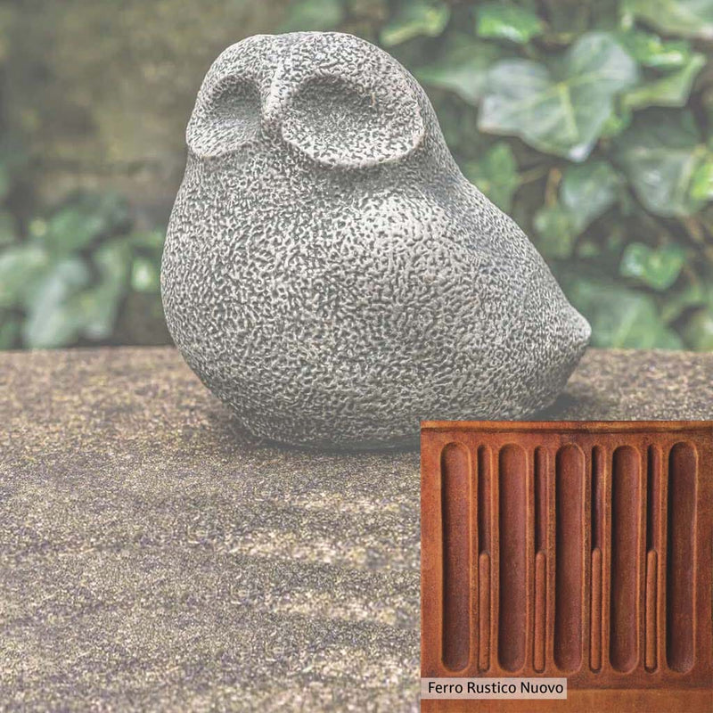Ferro Rustico Nuovo Patina for the Campania International Stone Owl Statue, red and orange blended in this striking color for the garden.
