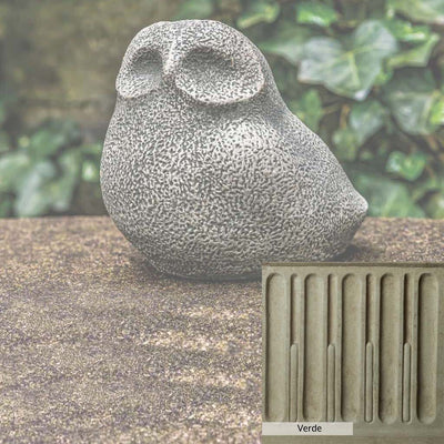 Verde Patina for the Campania International Stone Owl Statue, green and gray come together in a soft tone blended into a soft green.