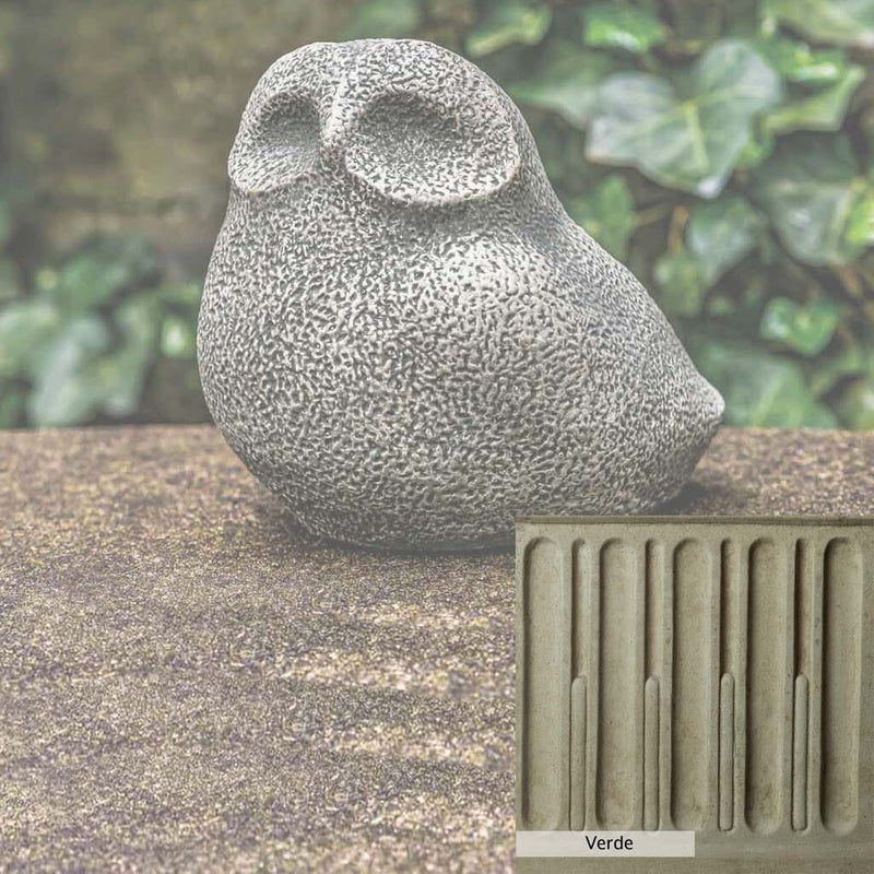 Verde Patina for the Campania International Stone Owl Statue, green and gray come together in a soft tone blended into a soft green.