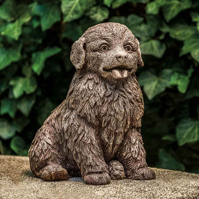 Campania International Daisy Dog Statue is happy and ready for some play time. Shown in the Brownstone Patina