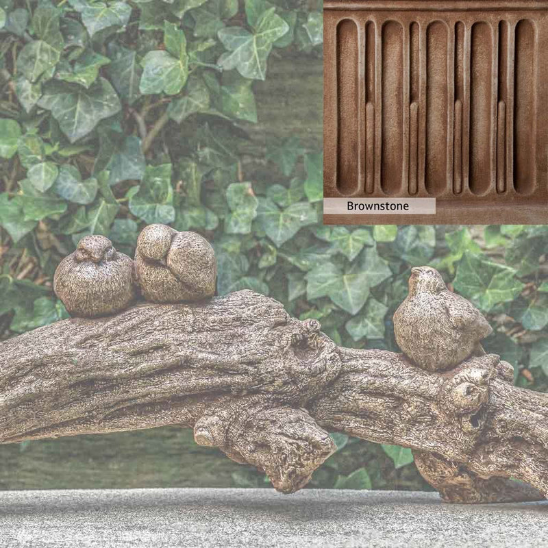 Brownstone Patina for the Campania International Birds on a Branch Statue, brown blended with hints of red and yellow, works well in the garden.