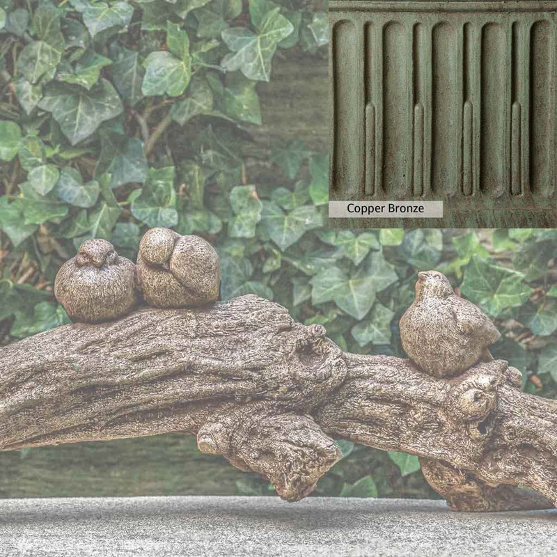 Copper Bronze Patina for the Campania International Birds on a Branch Statue, blues and greens blended into the look of aged copper.