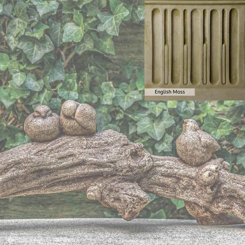 English Moss Patina for the Campania International Birds on a Branch Statue, green blended into a soft pallet with a light undertone of gray.