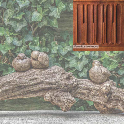 Ferro Rustico Nuovo Patina for the Campania International Birds on a Branch Statue, red and orange blended in this striking color for the garden.