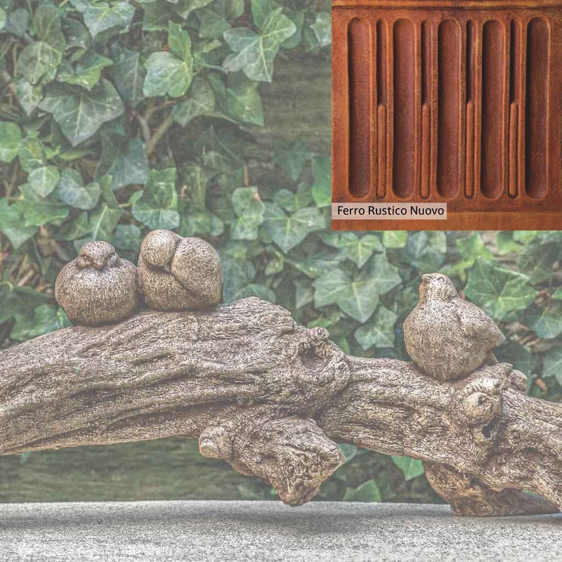Ferro Rustico Nuovo Patina for the Campania International Birds on a Branch Statue, red and orange blended in this striking color for the garden.