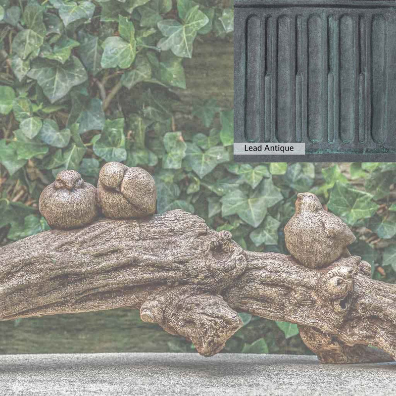 The Lead Antique Patina for the Campania International Birds on a Branch Statue, aged blue and grey layered to give the look of a classic antique lead patina.