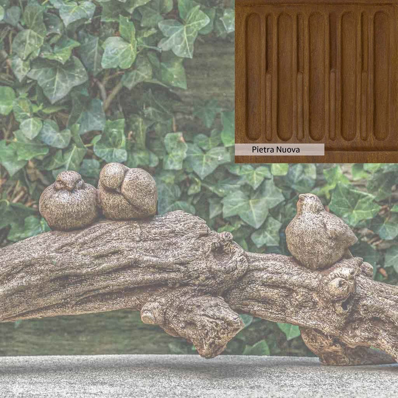 Pietra Nuova Patina for the Campania International Birds on a Branch Statue, a rich brown blended with black and orange.