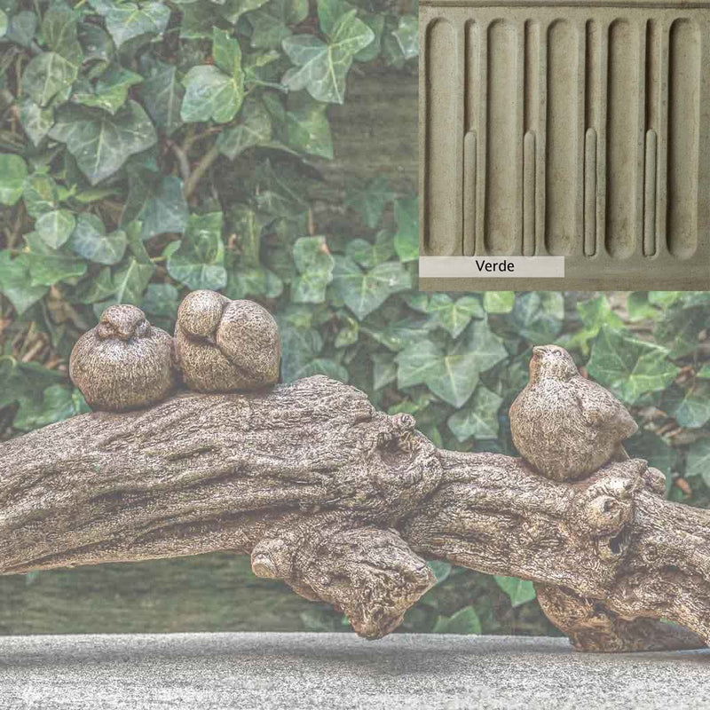 Verde Patina for the Campania International Birds on a Branch Statue, green and gray come together in a soft tone blended into a soft green.