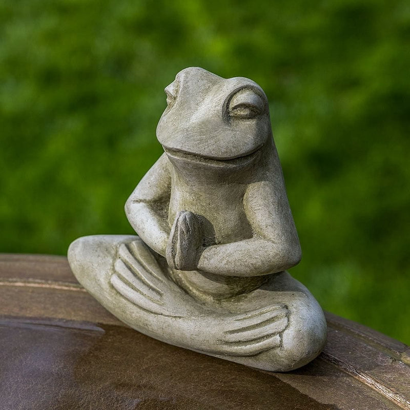 Campania International Meditation Frog Statue stained in the English Moss patina, the ideal color for this garden statue.