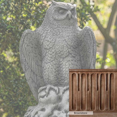 Brownstone Patina for the Campania International August Owl Statue, brown blended with hints of red and yellow, works well in the garden.