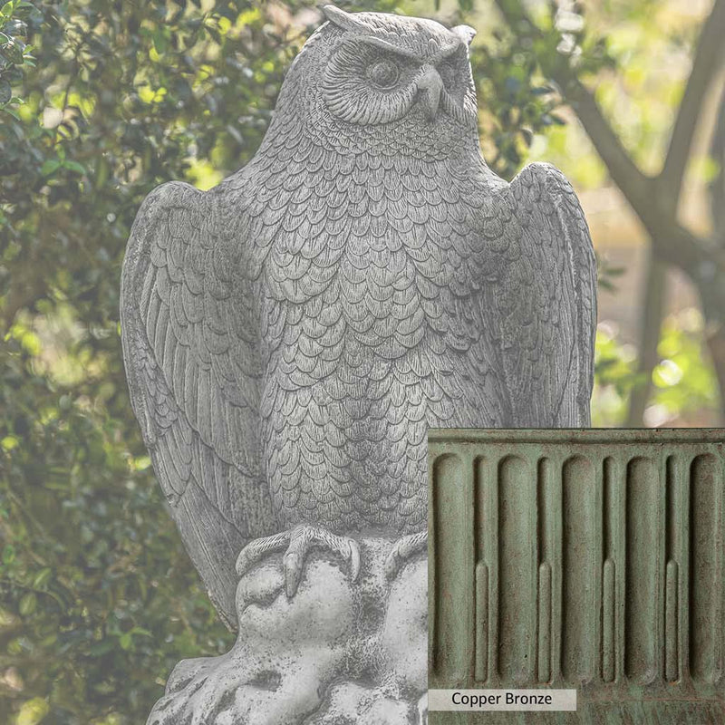 Copper Bronze Patina for the Campania International August Owl Statue, blues and greens blended into the look of aged copper.