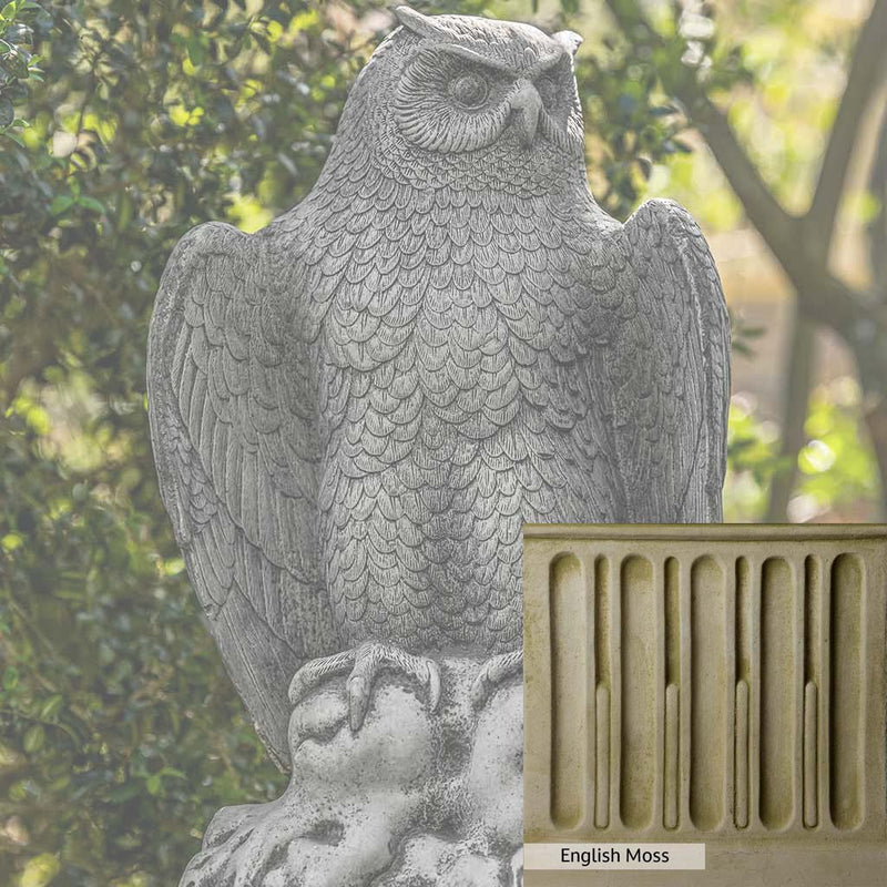 English Moss Patina for the Campania International August Owl Statue, green blended into a soft pallet with a light undertone of gray.