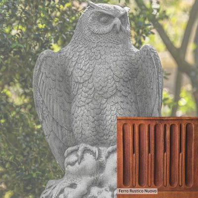 Ferro Rustico Nuovo Patina for the Campania International August Owl Statue, red and orange blended in this striking color for the garden.
