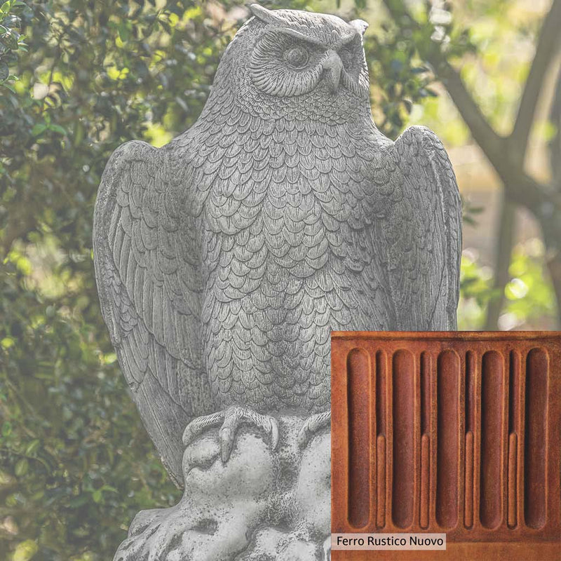 Ferro Rustico Nuovo Patina for the Campania International August Owl Statue, red and orange blended in this striking color for the garden.