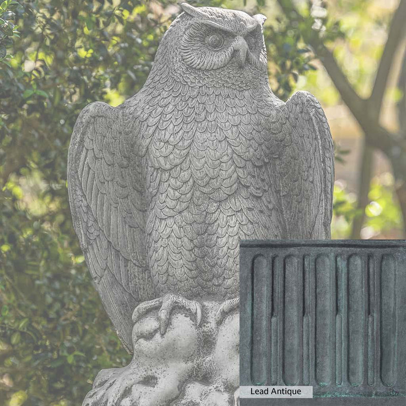 The Lead Antique Patina for the Campania International August Owl Statue, aged blue and grey layered to give the look of a classic antique lead patina.