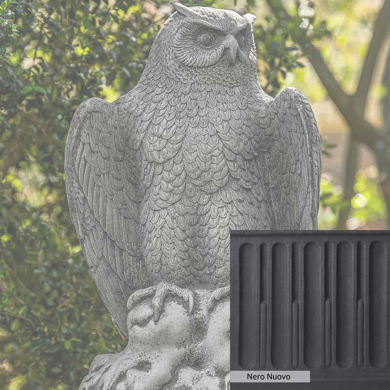 Nero Nuovo Patina for the Campania International August Owl Statue, bold dramatic black patina for the garden.