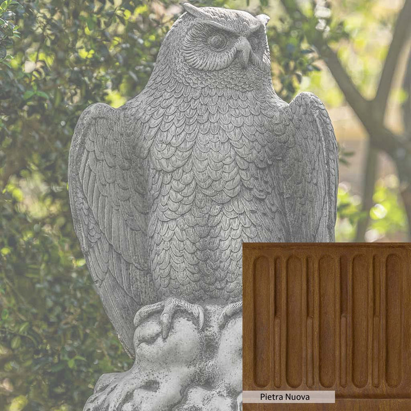 Pietra Nuova Patina for the Campania International August Owl Statue, a rich brown blended with black and orange.